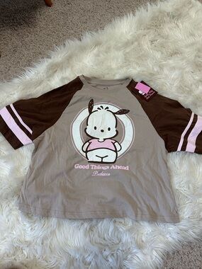 NWT Hello Kitty Pochacco Brown and Pink Graphic Raglan Tee